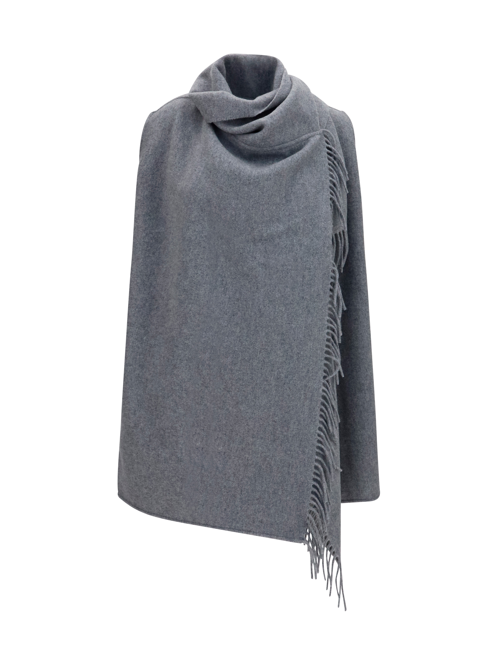 High-neck wool Cape with concealed closure and fringes