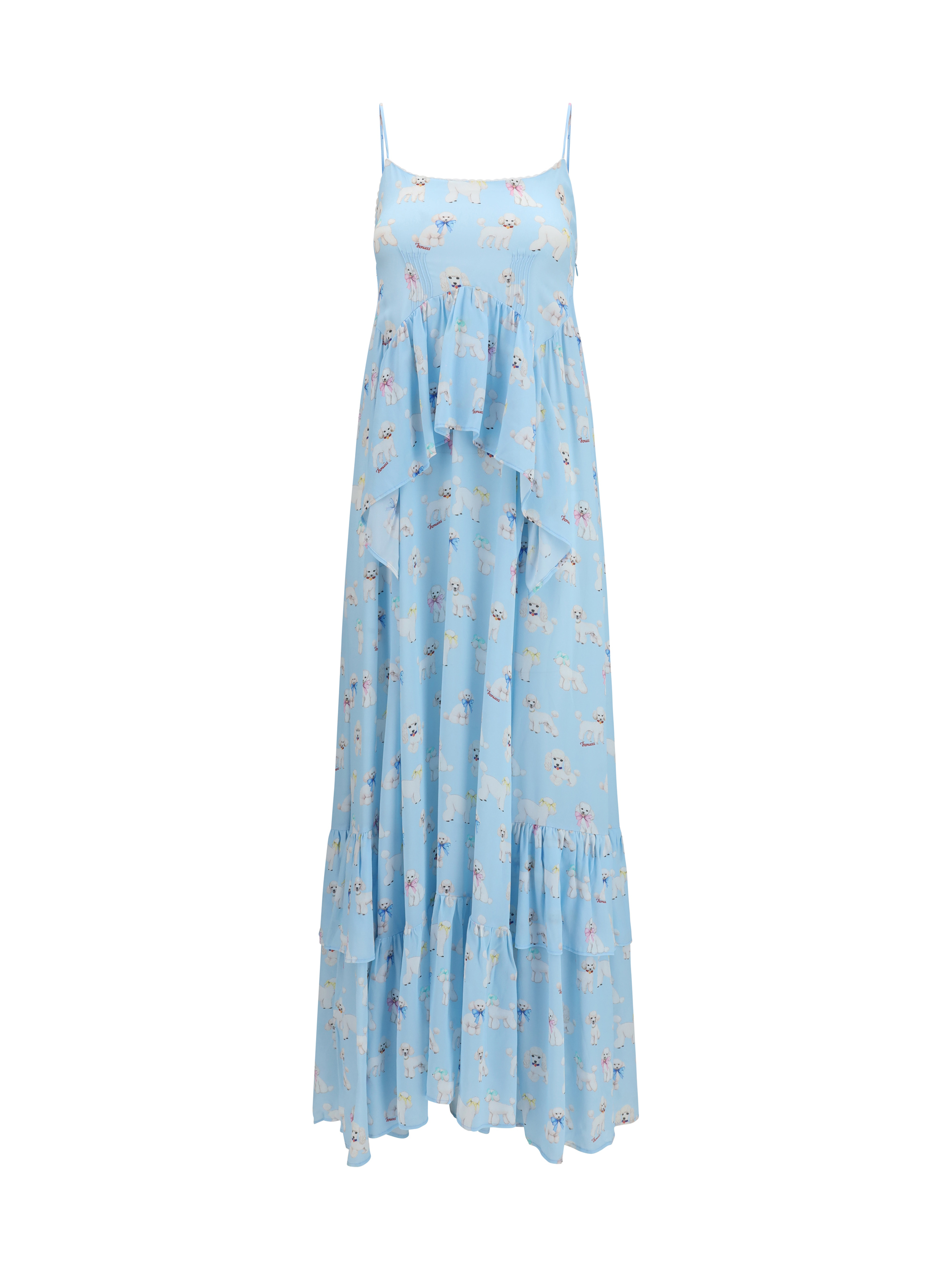 Poodle-print tiered long Dress