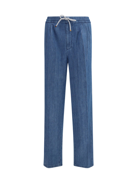 Lightweight denim Pants with drawstring and double pleats