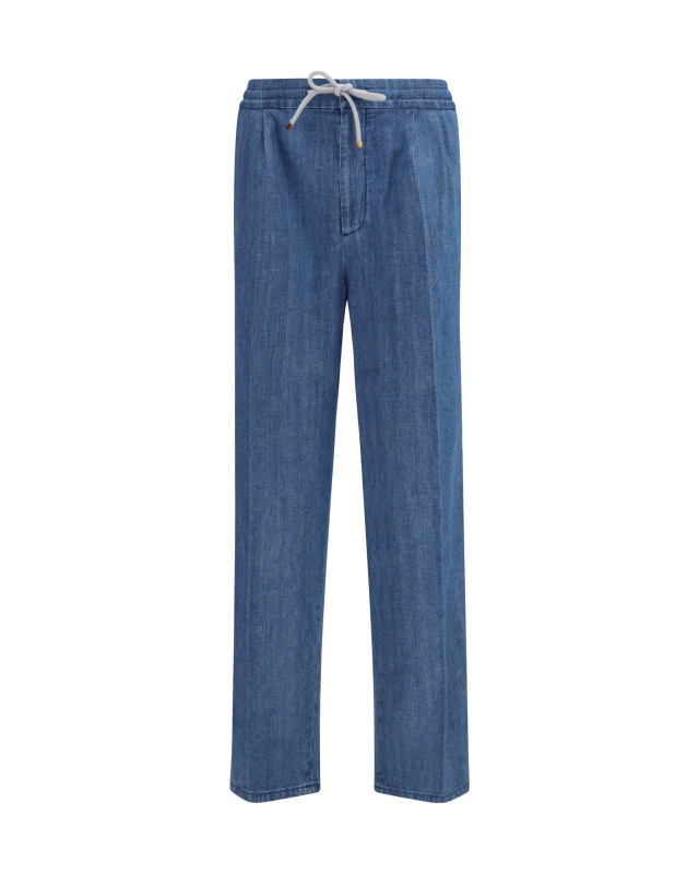 Lightweight denim Pants with drawstring and double pleats
