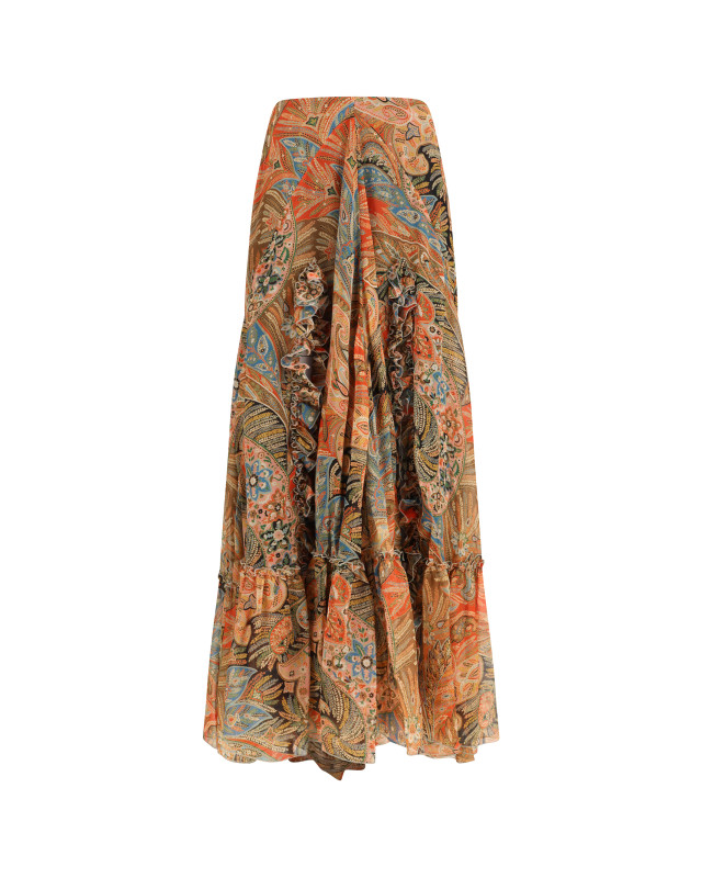Silk long Skirt with flounce and paisley motif