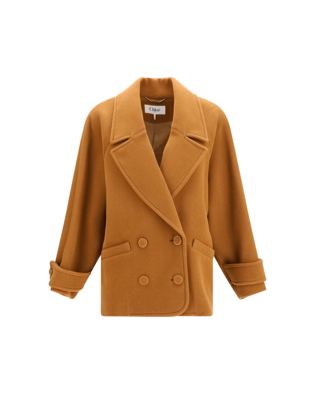 Double-breasted herringbone wool short Coat