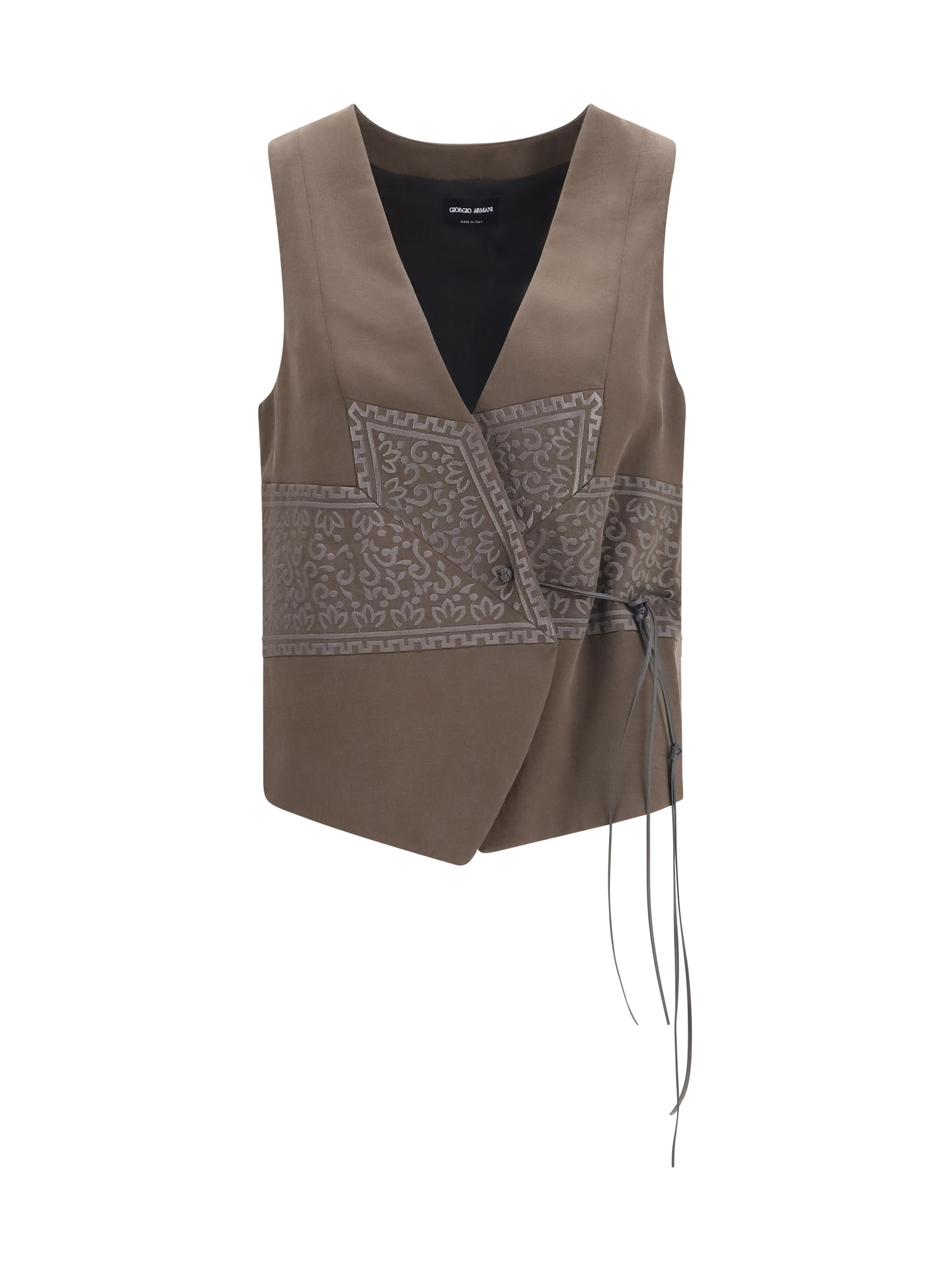 Vest in washed silk and virgin wool with jacquard pattern and ties