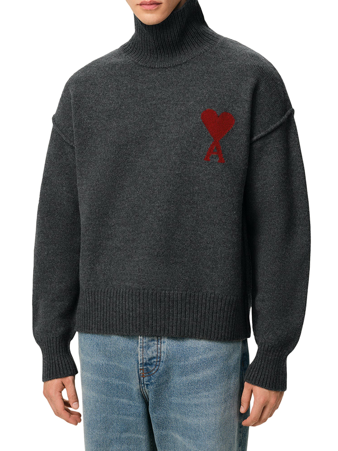 [Ami Paris] Knitwear FW26 UKS839018084 GRIS CHINE ROUGE