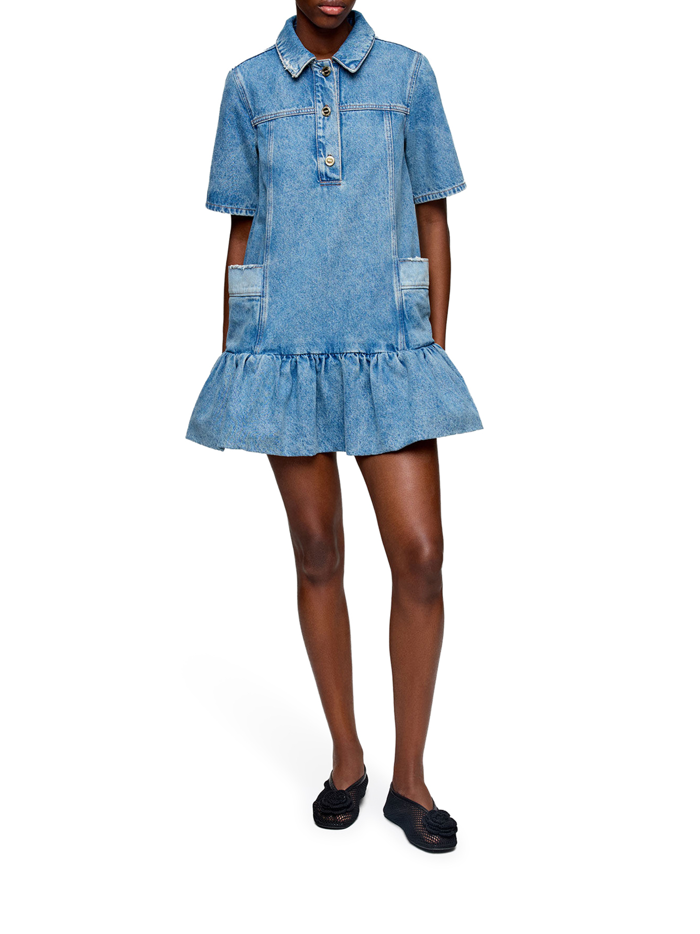 [GANNI] Short sleeve dress SS26 A1030482567 MID BLUE VINTAGE