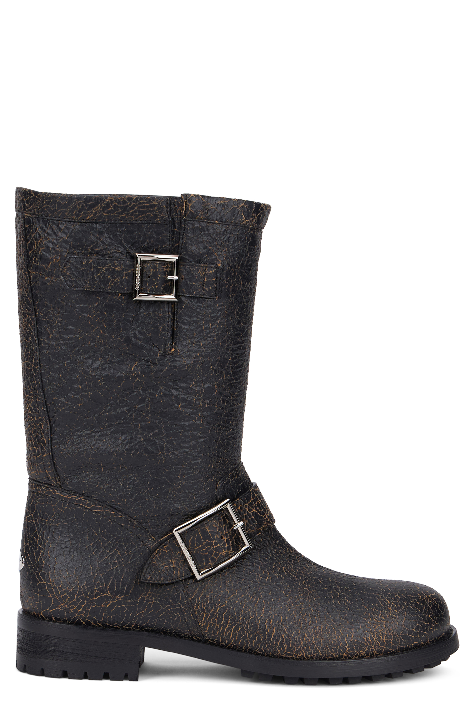 Biker boots in leather with crackled effect and buckles