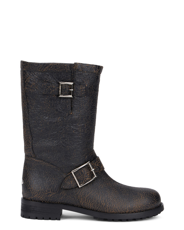 Biker boots in leather with crackled effect and buckles