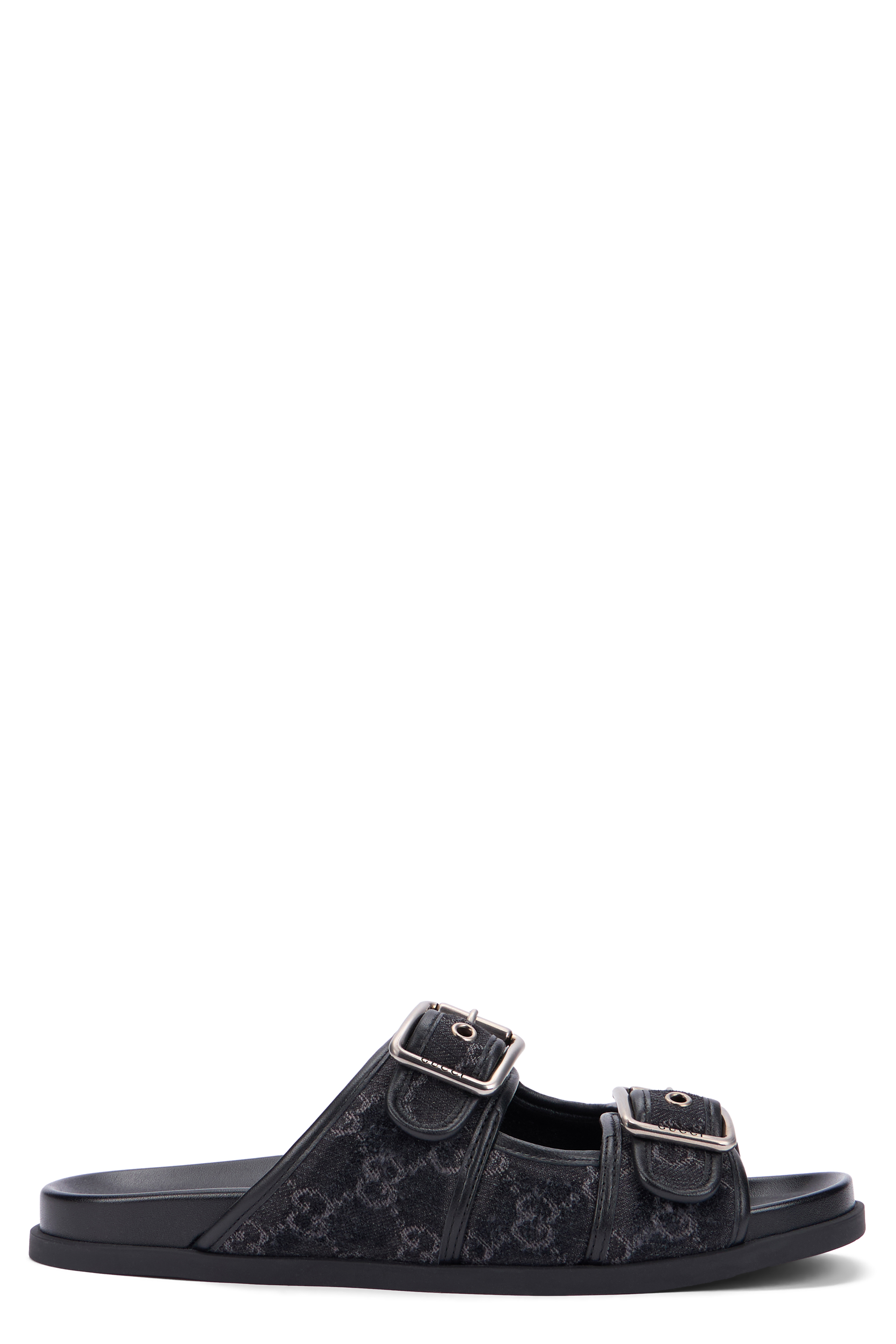 Denim slider sandal with buckles