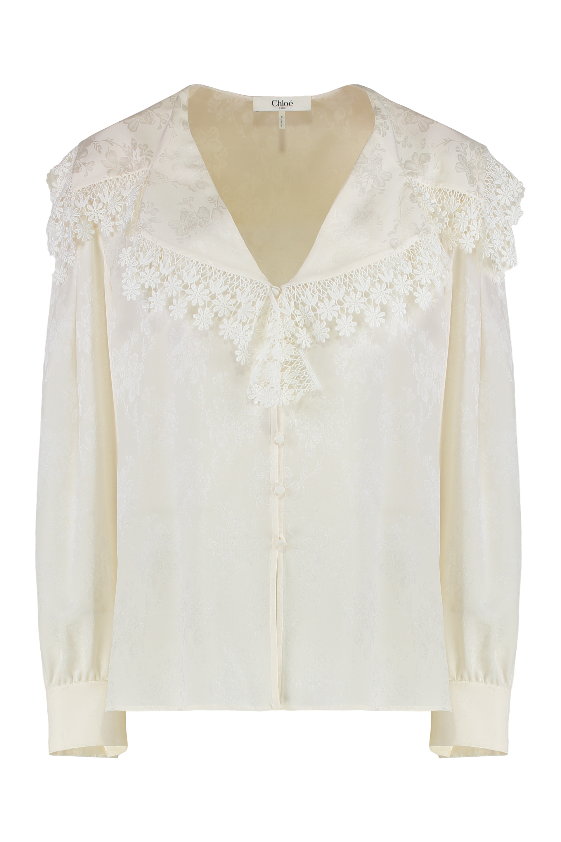 Blouse with a maxi collar in silk jacquard and lace