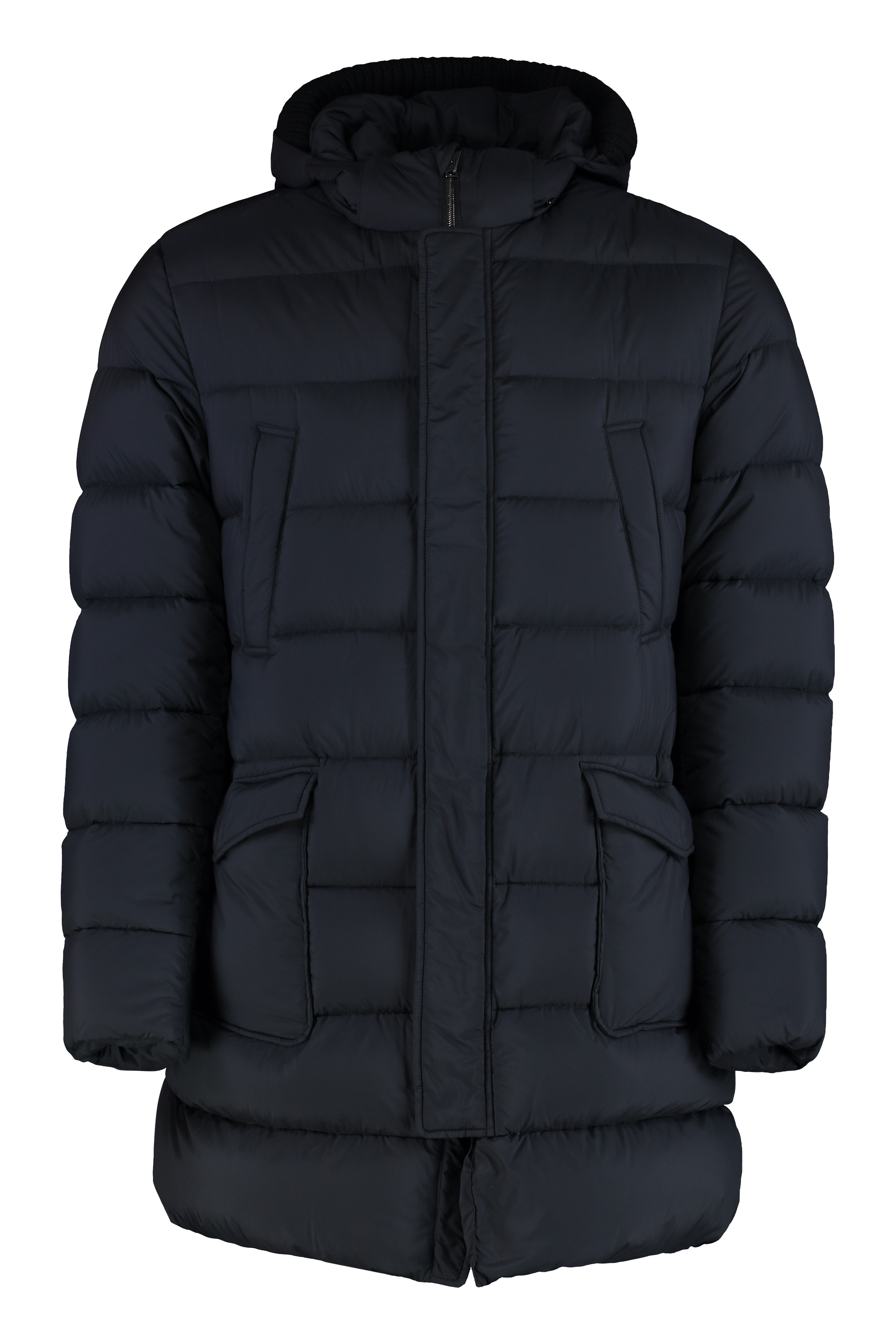 Hooded techno fabric down jacket