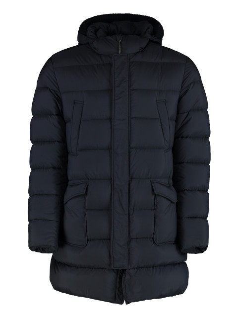 Hooded techno fabric down jacket
