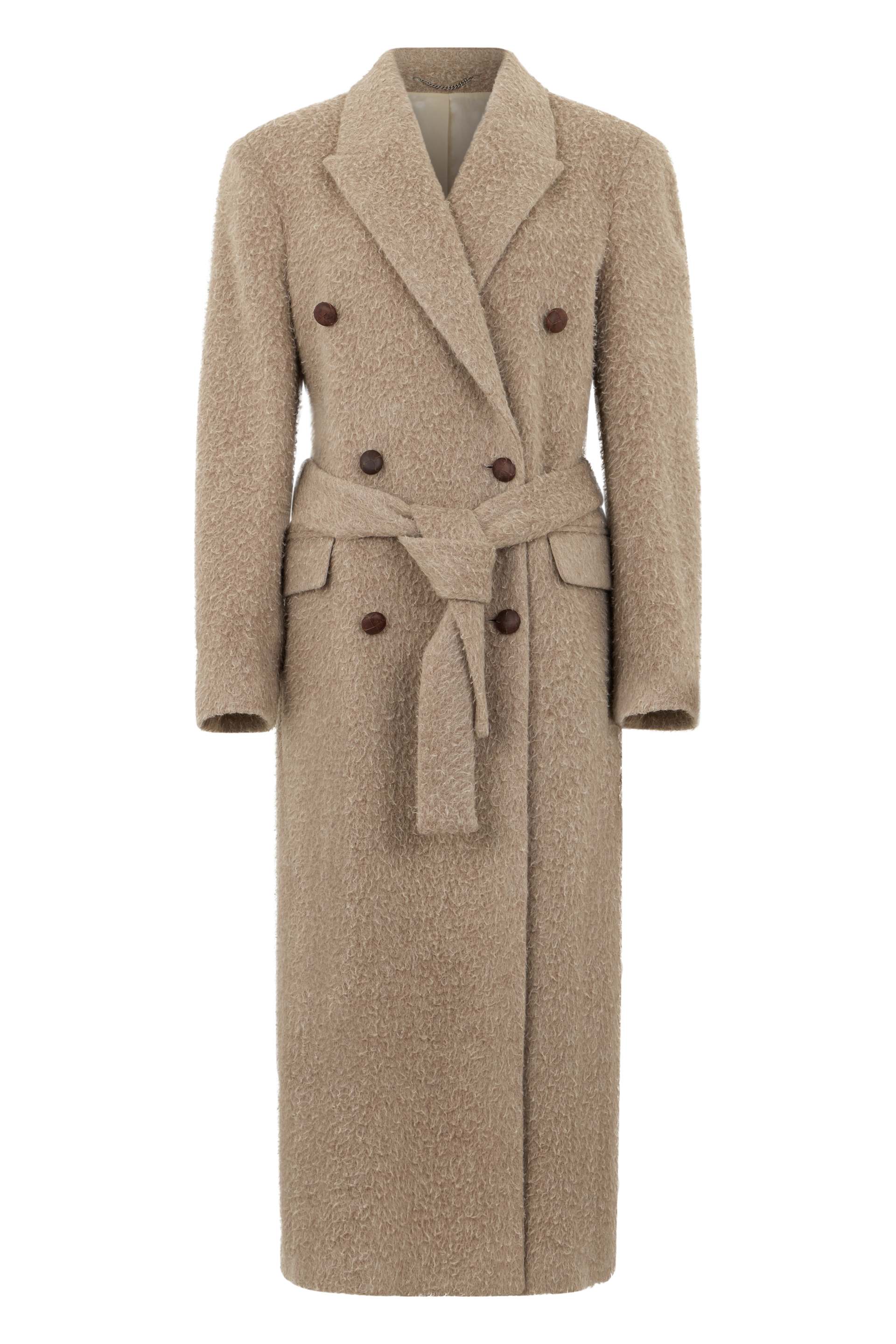 Double-breasted coat with a belt in virgin wool