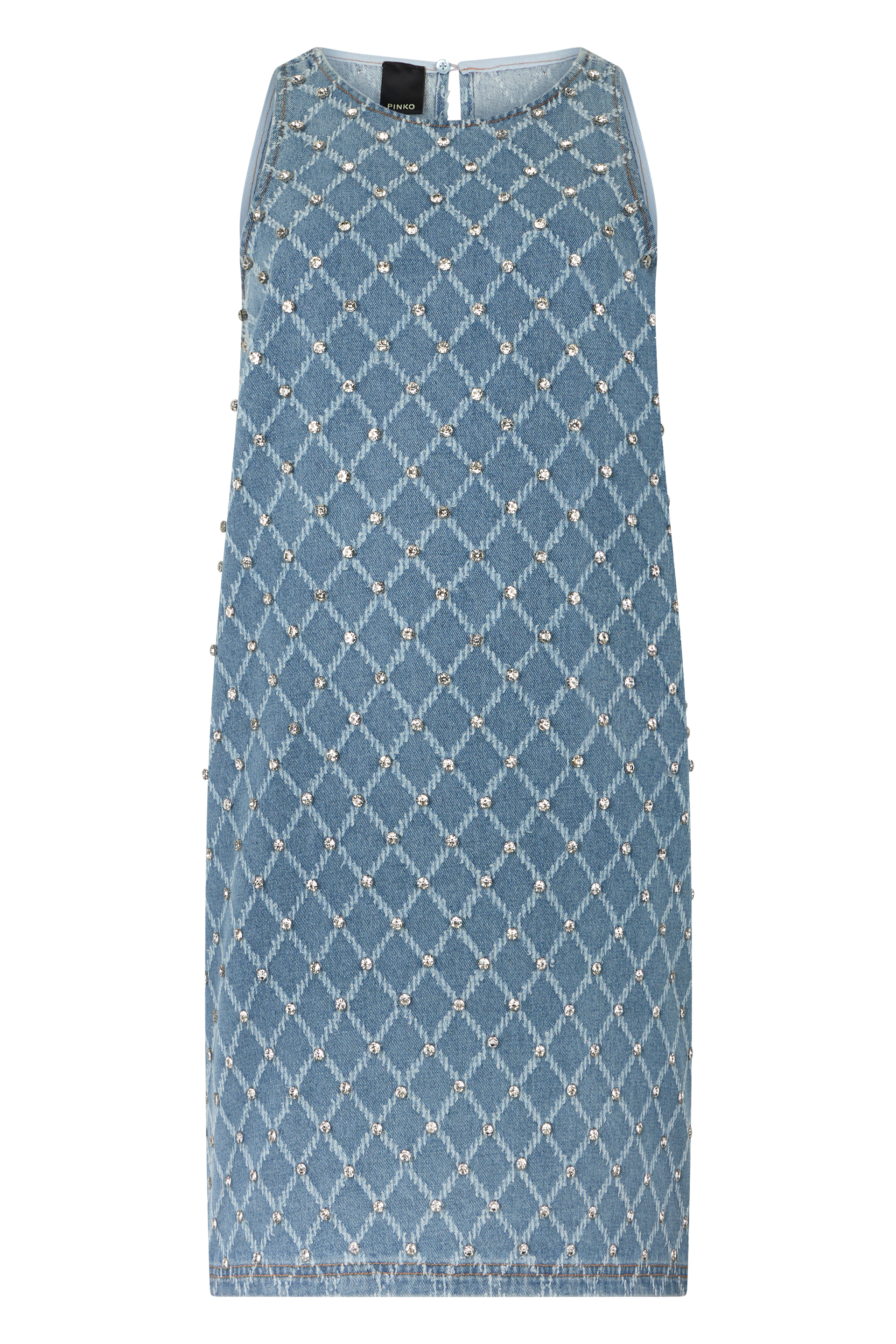 Amorino short dress in denim with diamond pattern and rhinestones