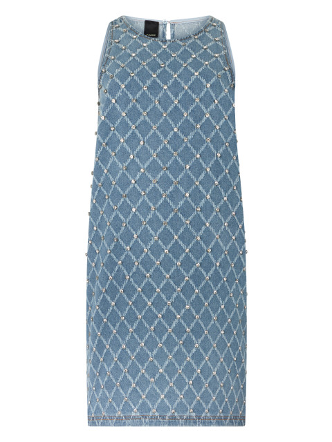Amorino short dress in denim with diamond pattern and rhinestones