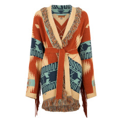 Cardigan with ethnic patterns and fringes