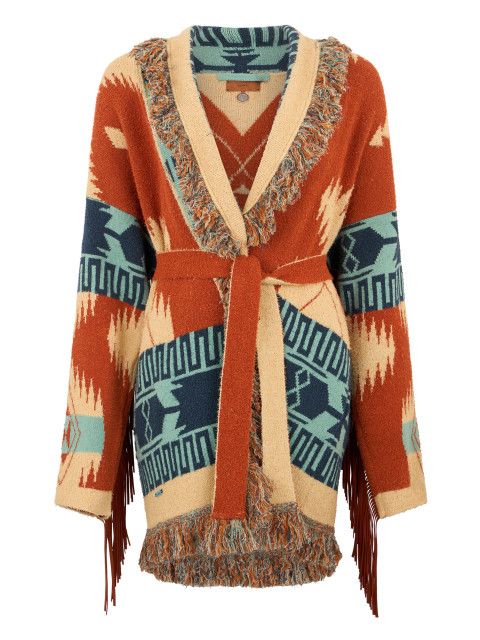 Cardigan with ethnic patterns and fringes