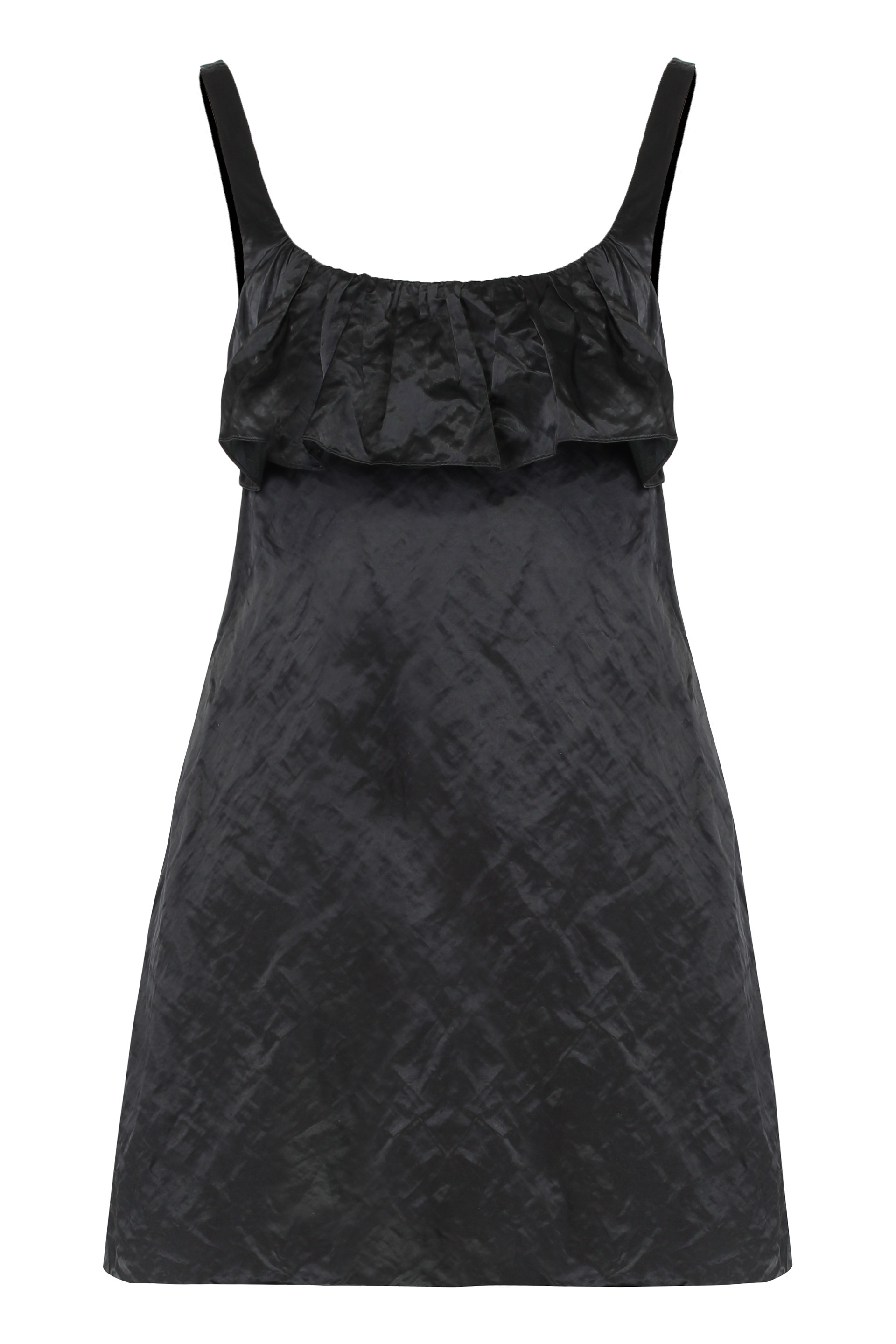 Mini dress without sleeves in washed technical satin