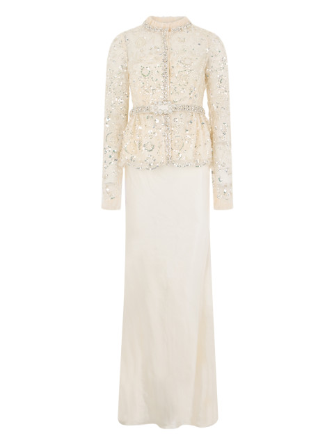 Long dress with sequins and decorative jewelry